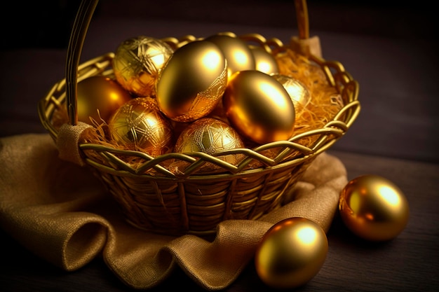 Un panier d'œufs d'or est posé sur une table.