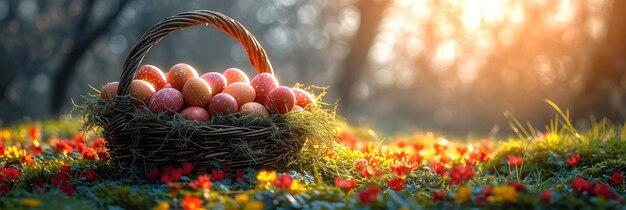 Un panier d'œufs de Pâques coloré, une branche d'herbe, un fond en haute définition, des illustrations.