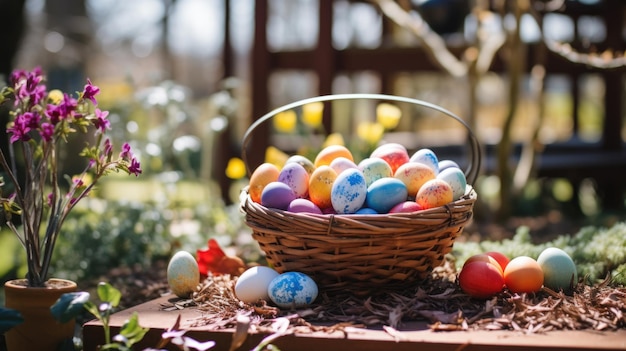 Un panier d'œufs de Pâques colorés dans un jardin ensoleillé