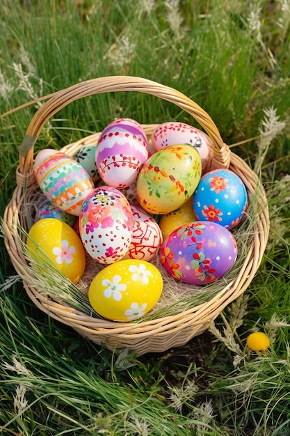 Un panier d'œufs de Pâques colorés est assis dans l'herbe.