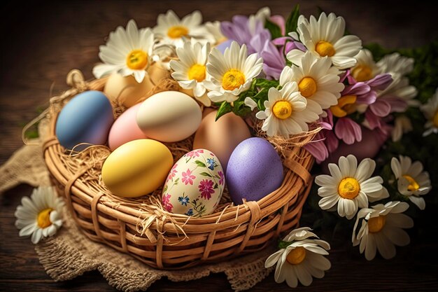 Un panier d'œufs de Pâques colorés est posé sur une table avec des fleurs.