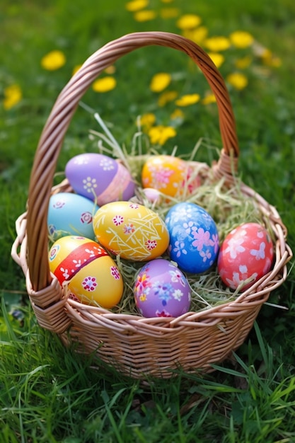 Un panier d'œufs de Pâques colorés est rempli de paille et de fleurs.