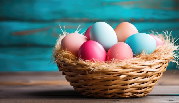 Un panier avec des œufs de Pâques colorés sur un fond en bois