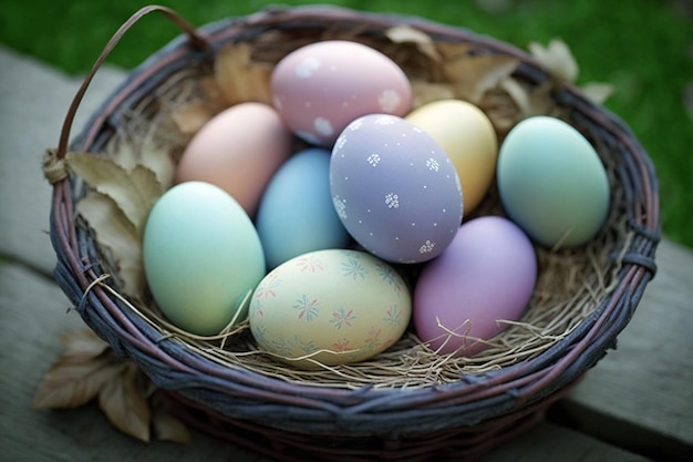 Un panier d'œufs de Pâques colorés avec un motif blanc sur le devant