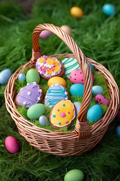 Un panier d'oeufs de pâques décorés avec des biscuits colorés et le mot pâques dessus.