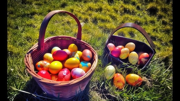 Un panier d'œufs de Pâques est rempli d'œufs colorés.