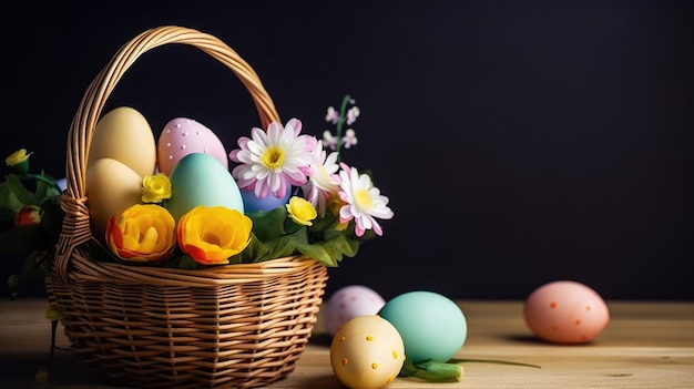 Un panier d'œufs de Pâques avec des fleurs en arrière-plan