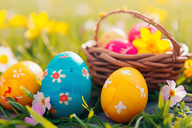 Photo un panier d'œufs de pâques avec des fleurs dans l'herbe