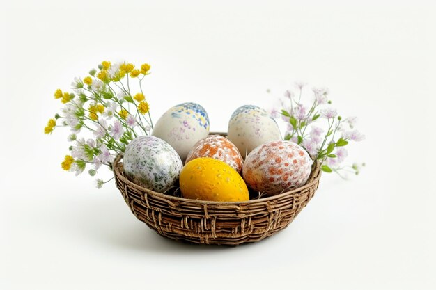 un panier d'œufs de Pâques avec des fleurs et un fond blanc