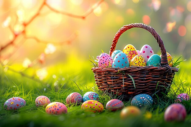 Photo un panier d'œufs de pâques avec un fond flou