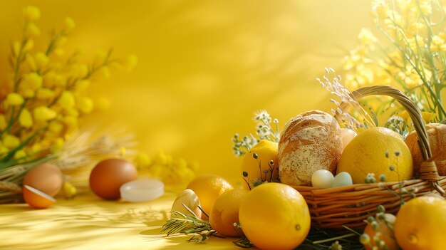 Photo un panier avec des œufs de pâques sur le fond d'un saule en fleurs