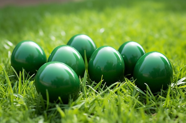 Un panier d'œufs de Pâques sur de l'herbe verte fraîche