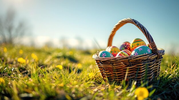 Un panier d'œufs de Pâques sur l'herbe verte un jour ensoleillé avec un ciel bleu clair Bonne bannière de Pâques