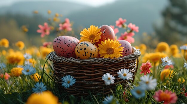 Un panier d'œufs de Pâques sur l'herbe verte par une journée ensoleillée