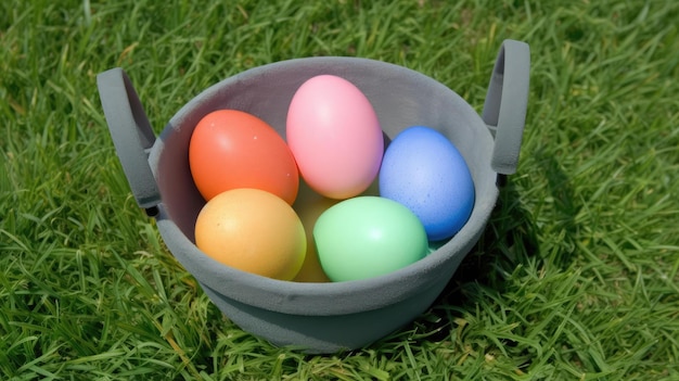 Un panier d'oeufs de pâques sur l'herbe