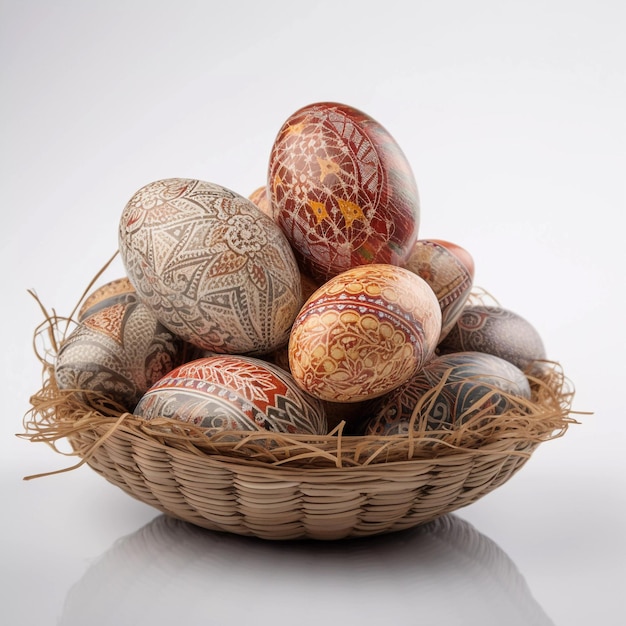 Un panier d'oeufs de pâques avec un motif de dessins sur la coquille