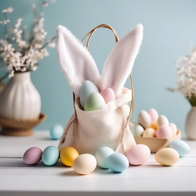 un panier d'œufs de Pâques avec des oreilles de lapin et des oreilles du lapin