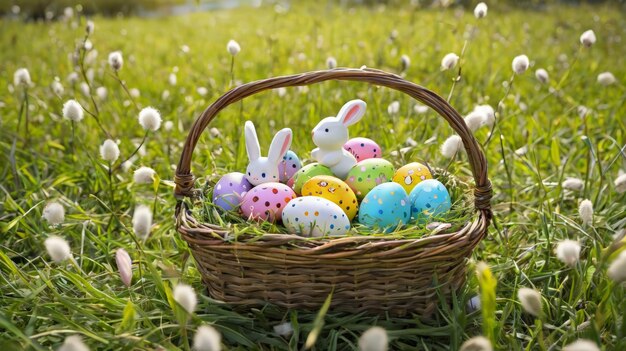 Un panier d'œufs de Pâques peints dans l'herbe