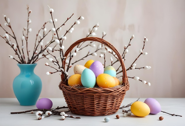 un panier d'œufs de Pâques avec un vase bleu et un panier de œufs de pâques