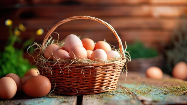 Photo un panier d'œufs de poule colorés sur une table en bois dans la ferme de poulets