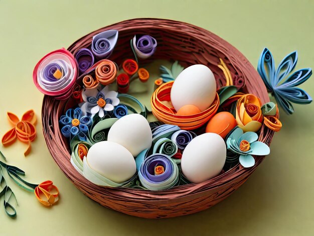 Un panier d'œufs de poulet en papier pour l'enfant de Pâques