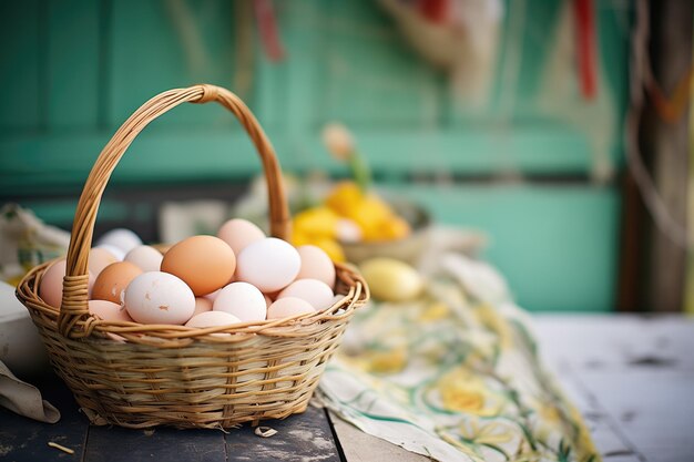 Photo panier d'oeufs près d'un poulailler