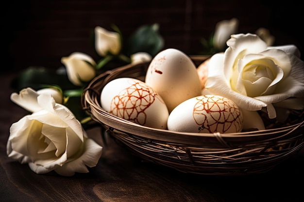 Un panier d'oeufs avec des roses blanches sur le fond