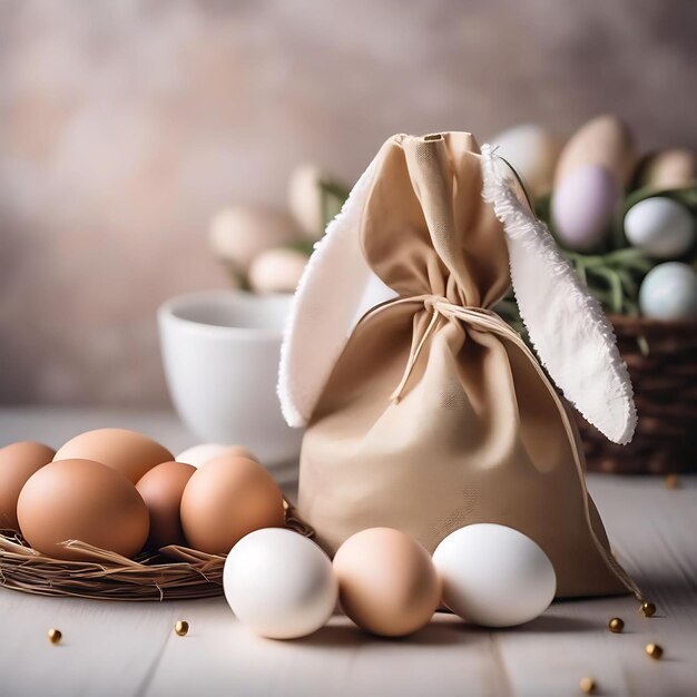 un panier d'œufs et un sac d'oeufs sur une table