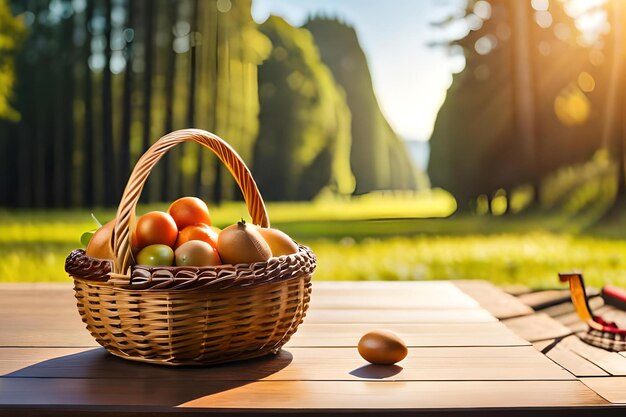 Panier d'oeufs sur une table dans un parc