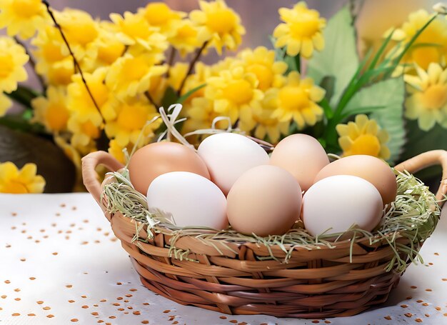 Un panier d'œufs sur une table avec un fond de fleurs