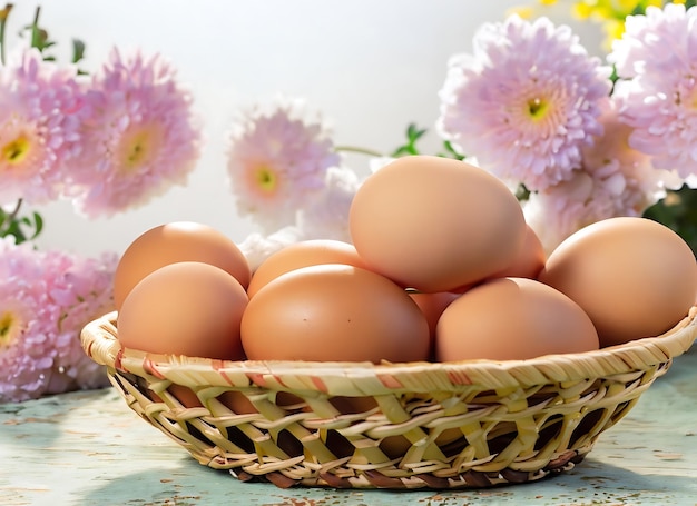 Un panier d'œufs sur une table avec un fond de fleurs