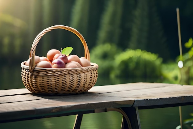 Panier d'œufs sur une table avec un lac en arrière-plan