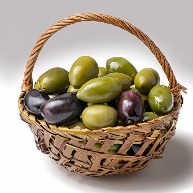 un panier d'olives à fond blanc et un panier en osier marron avec des olives noires.