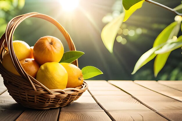 un panier d'oranges et de citrons sur une table.