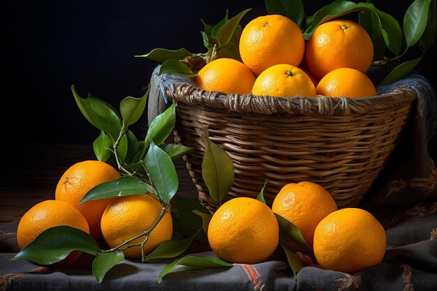 Un panier d'oranges avec des feuilles et un fond noir.