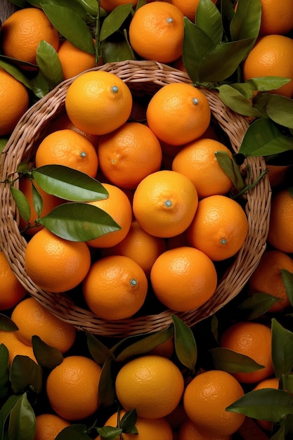 Un panier d'oranges avec des feuilles vertes sur le côté