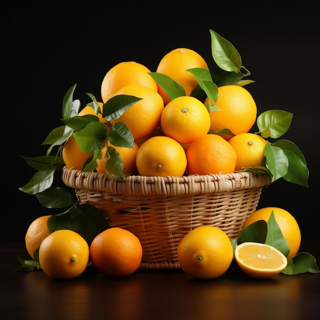 Panier d'oranges fraîches dans une table en bois