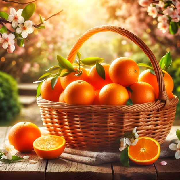 un panier d'oranges et quelques fleurs à l'arrière-plan