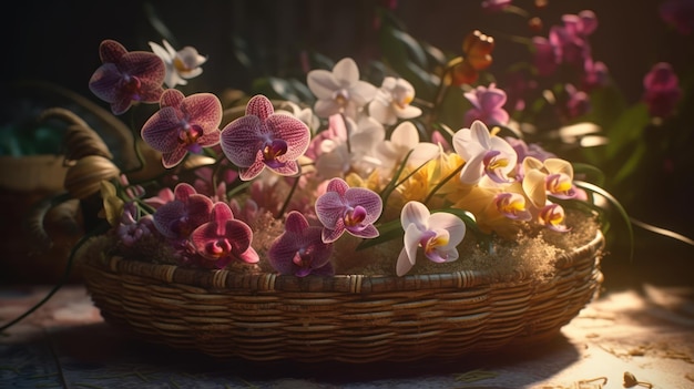 Un panier d'orchidées à la lumière