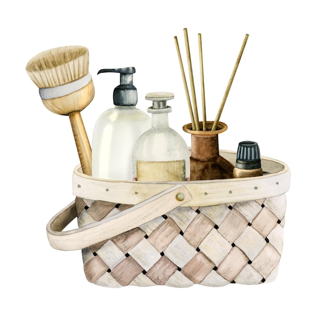 Panier en osier aquarelle accessoires de bain gel douche brosse de massage sec bâtons diffuseur d'huile aromatique