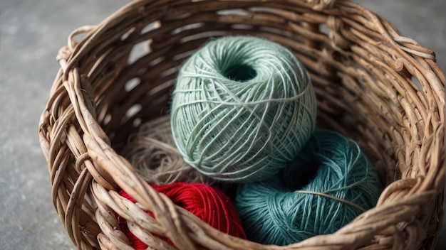 Un panier en osier avec des boules de fil à l'intérieur