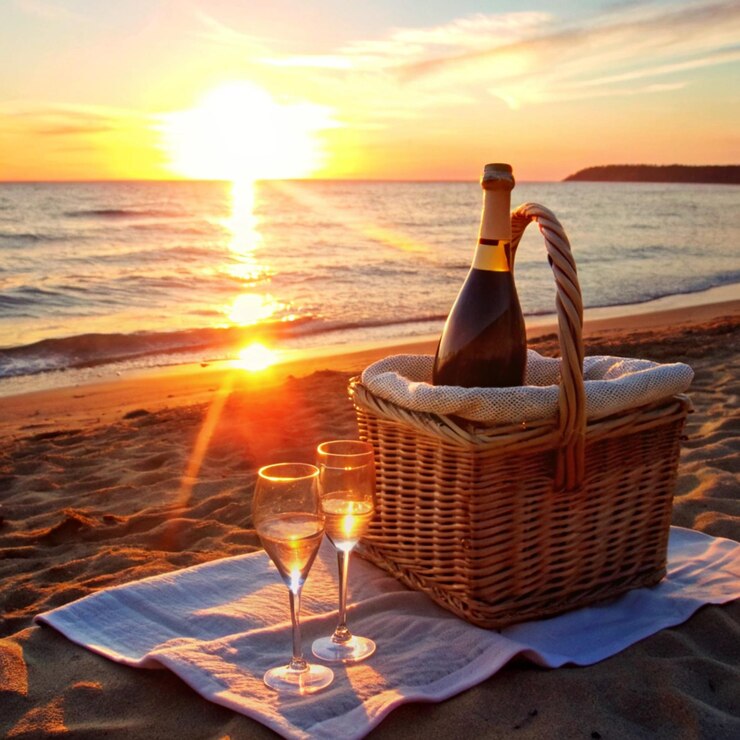 un panier en osier avec une bouteille de champagne et deux verres