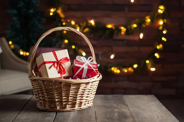 Photo un panier en osier avec des cadeaux sur la table à l'intérieur espace pour le texte 1jpg