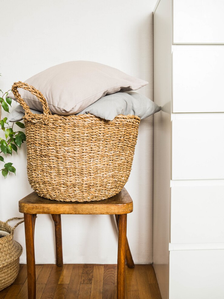 Panier en osier avec coussins gris sur une chaise vintage en bois contre un mur blanc