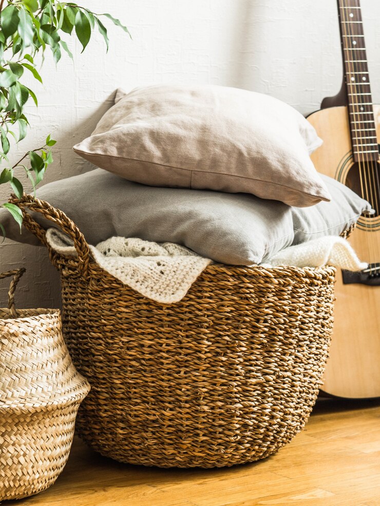 Panier en osier avec coussins gris, plante d&#39;intérieur et guitare au sol près d&#39;un mur blanc