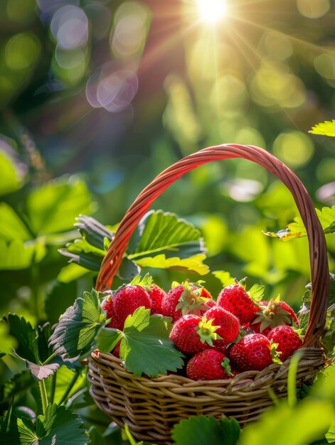 Un panier de osier débordant affiche une récolte abondante de fraises roses mûres au milieu d'un décor vert vibrant rayonnant dans la chaude lumière de l'après-midi