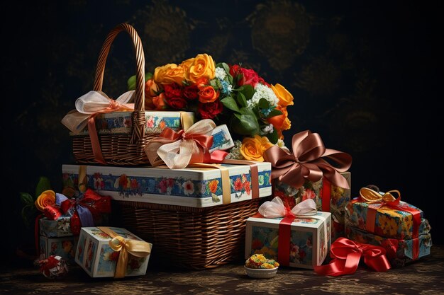 Photo un panier en osier avec des fleurs et un ruban sur une table