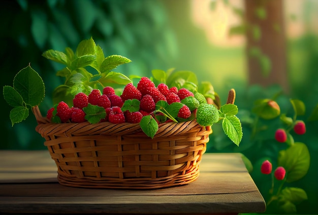 Un panier en osier avec des framboises se dresse sur la table sur fond de jardin verdoyant