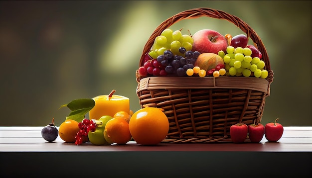 Photo panier en osier avec fruits frais sur table avec espace fo a