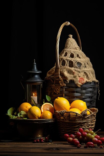 panier en osier avec des fruits et une lanterne sur le comptoir dans le style d'un fond noir